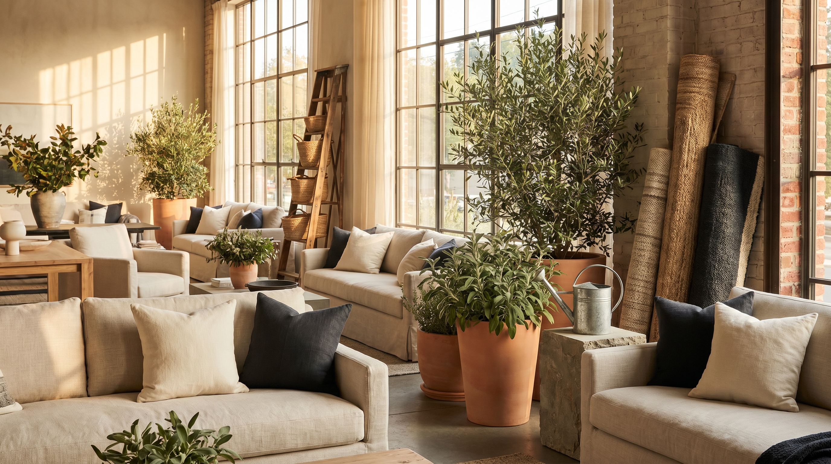 Sunlit modern home-and-garden showroom with linen sofas, terracotta planters, woven baskets, and rolled rugs against a brick wall.